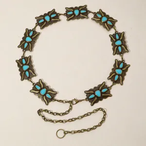 Chaîne de taille bohème vintage en métal turquoise pour femmes, ceinture rétro en laiton pour jeans.
