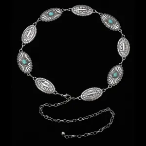 Chaîne de taille en métal style bohème rétro avec pierres turquoise, design sculpté.