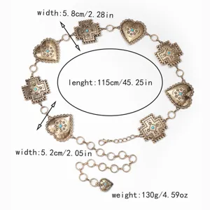 Chaîne de taille vintage bohème en métal avec croix turquoise et cœur pour femmes.