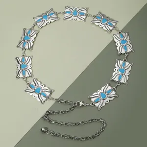 Chaîne de taille en métal argenté vintage avec pierres bleues, ceinture bohème pour femmes.