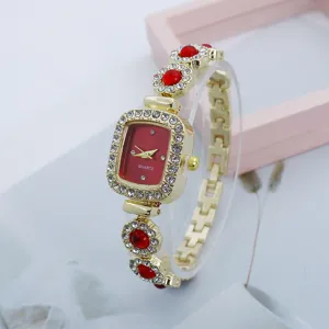 Women's square quartz watch luxury crystal rhinestone red dial fashion bracelet watch