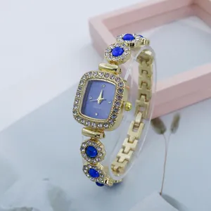 Women square quartz watch with blue stone rhinestones gold bracelet fashion jewelry watch