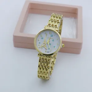 Damen Quarzuhr elegante goldene Metallband Mode Armbanduhr mit Eiffelturm Zifferblatt