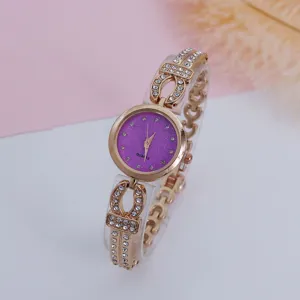 Women fashion rhinestone quartz bracelet watch with purple starry dial, rose gold finish.