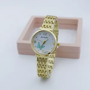 Gold women quartz watch with white dial butterfly motif chic metal bracelet wrist watch