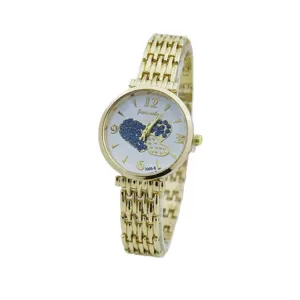 Elegante Damen Quarzuhr in Gold mit Gliederarmband und weißem Glitzer-Herz-Zifferblatt.