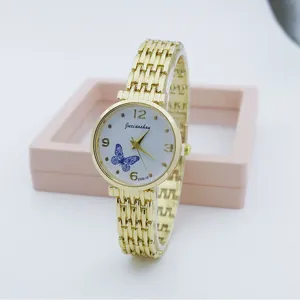 Elegant gold women quartz watch featuring white dial, blue butterfly design and strap.