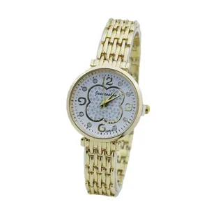 Women gold quartz watch with rhinestone clover dial stylish fashion bracelet timepiece