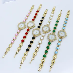 Dames Armband Quartz Horloge Vintage Strass Luxe Mode Legering Gekleurde Kralen Sieraden Horloge Elegant