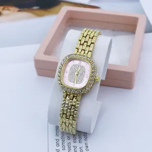 Gold square rhinestone quartz watch for women luxury pink dial elegant casual wristwatches