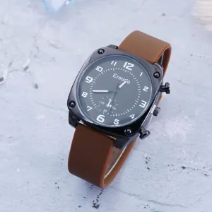 Fashion square quartz watch for women with large dial, bold Arabic numerals and brown strap.