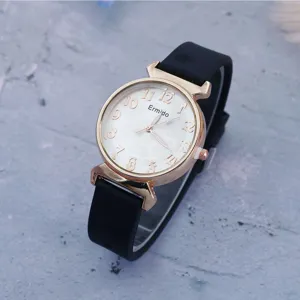 Women silicone quartz watch with white dial, rose gold arabic numerals, casual style detail.