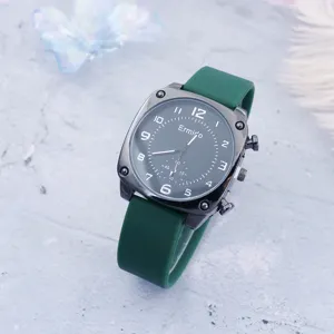 Stylish square quartz watch with dark green silicone strap and clear dial numbers for women.