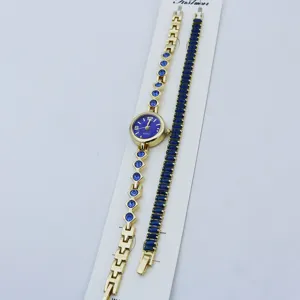 Dames quartz horloge armband set goudkleurig blauw strass fashion elegante sieraden cadeau