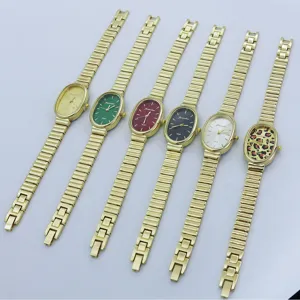 Set de reloj de cuarzo de moda para mujer, esfera ovalada elegante con correa de cadena dorada.