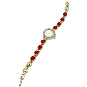 Dames vintage armband quartz horloge met rode stenen en gouden kralen, luxe mode horloge