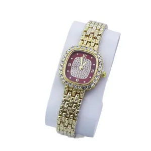 Luxury gold square women quartz watch with red crystal dial and elegant metal strap stylish