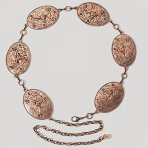 Chaine de taille en metal cuivre vintage avec plaques ovales tete de taureau pour femmes.