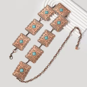 Vintage Boho Metall Taillenkette mit Türkis für Damen, detailliert graviertes Design.