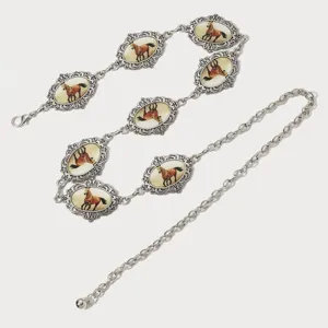 Vintage zilveren paard taille ketting voor vrouwen, retro metalen decoratieve riem met hangers.