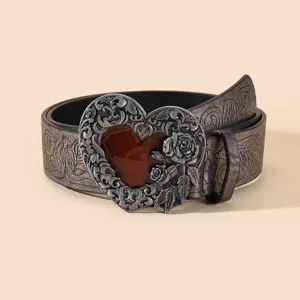 Retro in reliëf hartvormige riem met gedetailleerde legering gesp en PU lederen band voor dames.