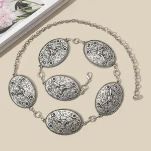 Chaine de taille en metal pour femmes retro avec plaques ovals tete de taureau.