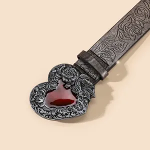 Vintage retro reliëf hart gesp PU lederen riem, gotische bloemen patroon taille accessoire.