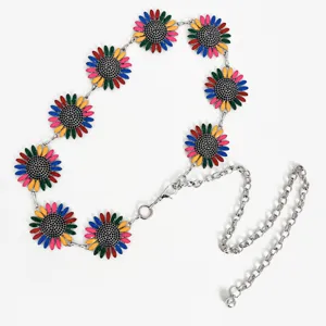 Cinturón de cadena metálica con margaritas coloridas estilo bohemio para mujer, joyería de cintura.
