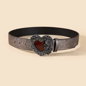 Vintage PU lederen riem met reliëf, gedetailleerde hartgesp en mooi rozenbloemmotief.