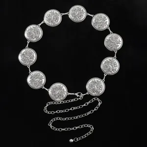 Chaîne de taille en métal argenté disque rond sculpté de fleurs style ethnique rétro