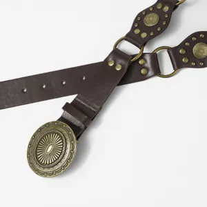 Γυναικεία vintage boho φαρδιά καφέ δερμάτινη ζώνη με ρετρό μεταλλική αγκάθια και τρουκς αξεσουάρ