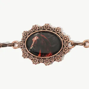 Vintage koperen paard taille ketting detail met bloemen ovaal hanger, koele hip hop riem.