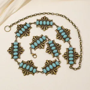 Chaîne de taille bohème vintage en métal turquoise pour femmes, accessoire de bijoux de corps.