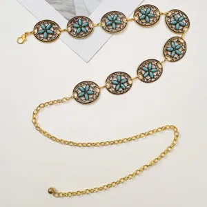 Cadena de cintura de metal dorado bohemio con dijes de flores turquesas, joyas de cinturón.