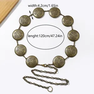 Ceinture de monnaie en métal ethnique vintage avec disques ronds gravés floraux et chaîne.