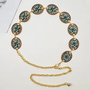 Cadena de cintura boho para mujer metal oro flor turquesa joya corporal elegante