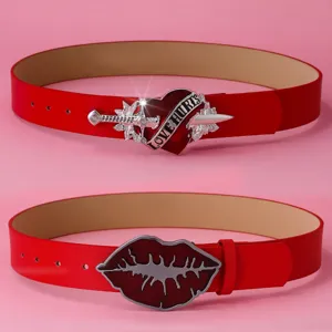 Dames Punk Stijl Riem Legering Plaatgesp Hart Lip Patroon Westers Rood Leren Riem Voor Valentijnsdag Feest Dagelijks Decoratieve Riem