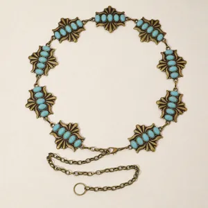 Chaîne de taille en métal turquoise vintage pour femmes, style bijou de corps doré antique.