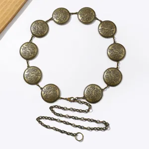 Chaîne de taille vintage style ethnique disque rond en métal sculpté floral pour robe