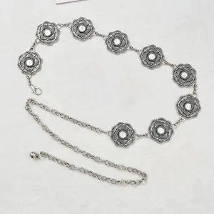 Chaîne de taille en métal argenté vintage avec médaillons de fleurs sculptées robe