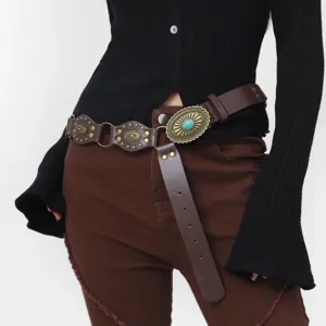 Γυναικεία ζώνη boho western ρετρό με τουρκουάζ οβάλ αγκράφα και μεταλλικές λεπτομέρειες