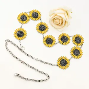 Elegante cinturón de cadena con girasol para mujer, hermoso accesorio de cintura floral.