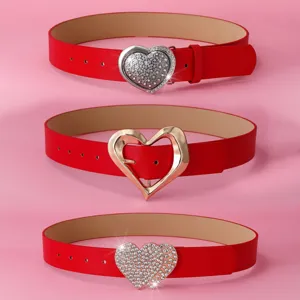 Ceinture pour Femme en Cuir PU Mode Boucle Forme de Cœur en Strass de Luxe Élégant Romantique Accessoire Décoratif de Taille pour Saint Valentin