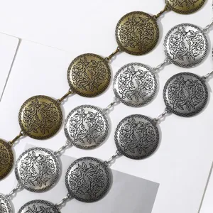 Chaîne de Taille Ethnique Vintage en Métal Sculpté avec Plaque Ronde pour Femmes Ceinture Chaîne à Texture Florale