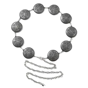 Chaîne de taille en métal ethnique vintage avec des médaillons floraux gravés pour femmes.