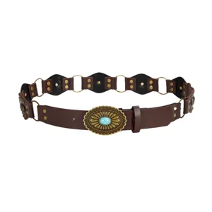Γυναικεία vintage boho φαρδιά δερμάτινη ζώνη με μεταλλική αγκράφα τουρκουάζ πέτρα ρετρό.