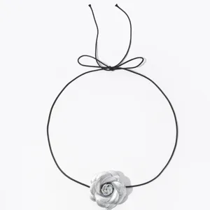 Silberne Kamelie Blume Anhänger schwarze Kordel Halskette süße elegante Mode Taillenkette