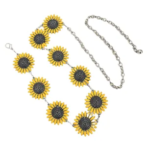 Cadena de cintura de metal para mujer estilo bohemio con dijes de girasol de esmalte.