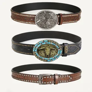 Ceinture en PU de Cow-boy Occidental Vintage Ceinture en Cuir Strass Tête de Taureau Gravée en Alliage de Luxe Ceinture Bohémienne pour Unisexe