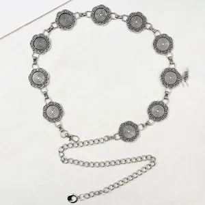 Cadena de cintura de metal plateado retro con delicados eslabones florales para vestido